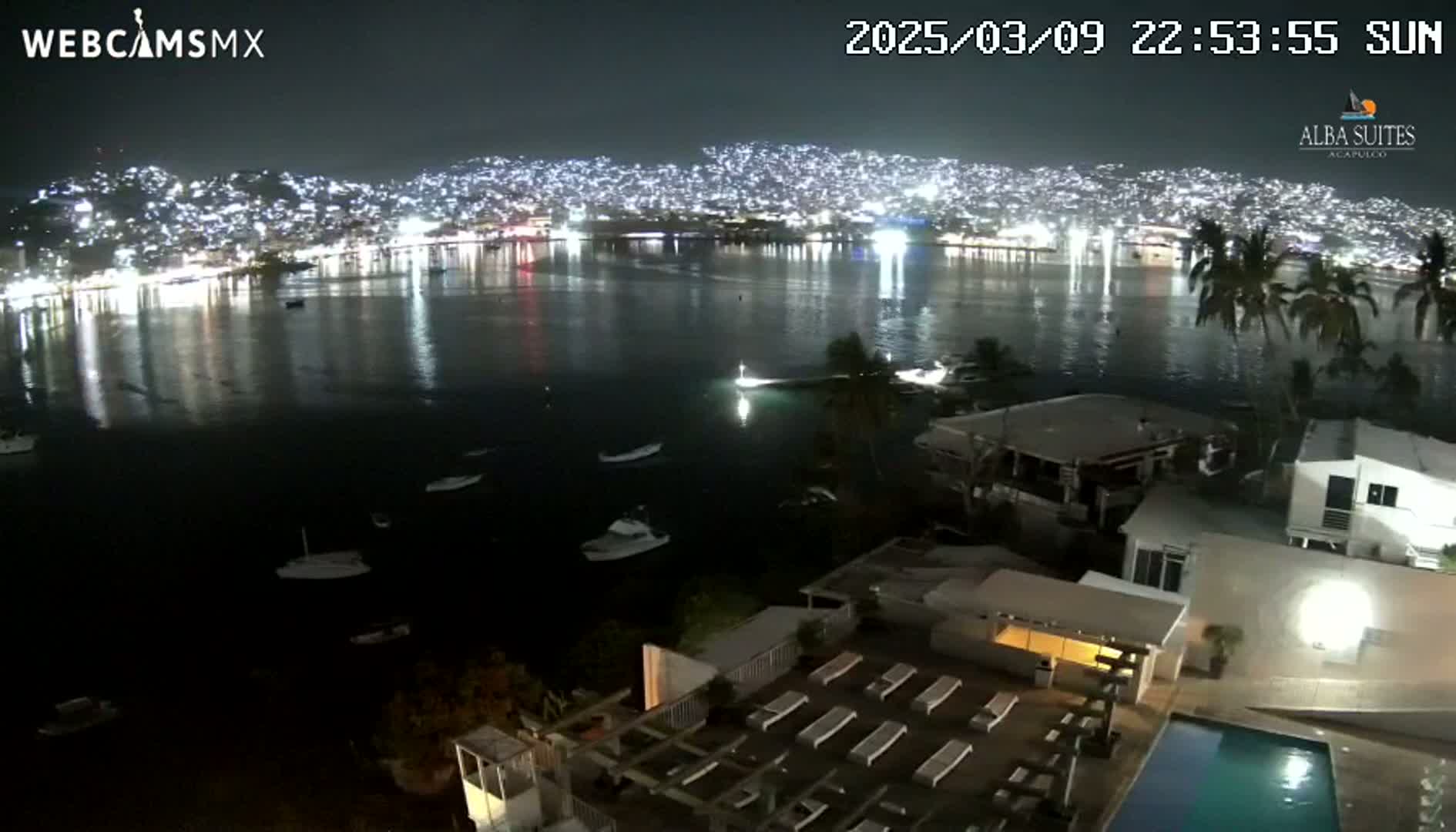 A nighttime view of a city's lights reflected on calm water, with boats scattered across the bay, palm trees, and a building with a pool in the foreground.