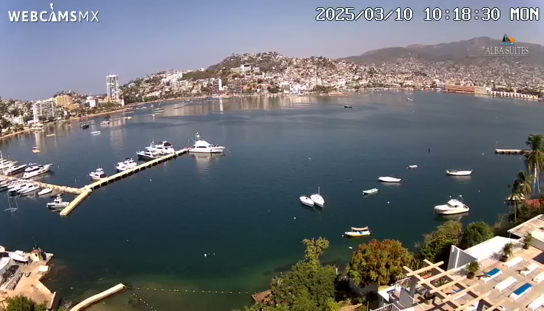 A sunny day overlooking a calm bay filled with boats docked at a marina, with a city and hills visible in the background.