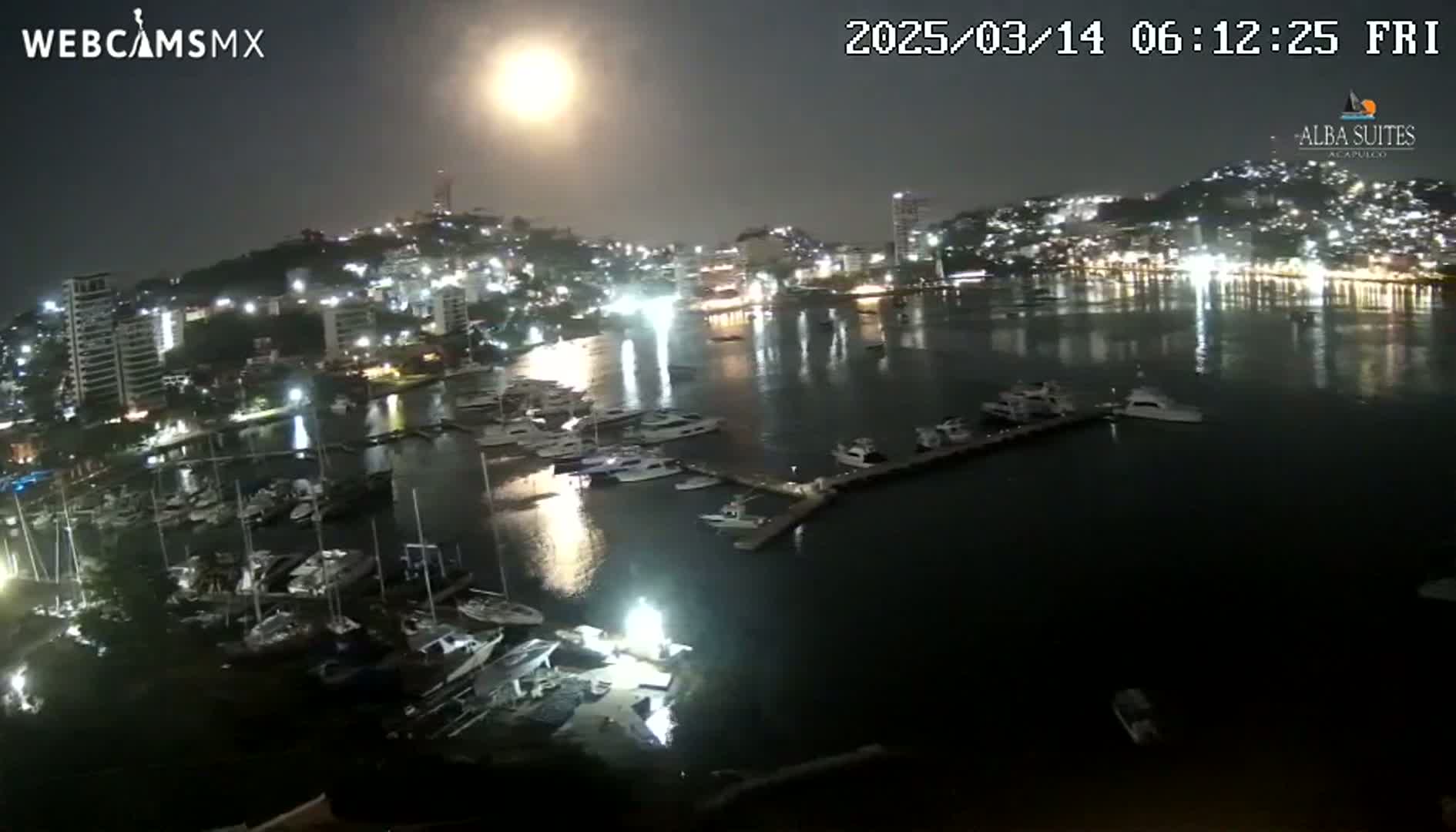 A nighttime view of a harbor filled with boats, and a brightly lit city on a hill under a bright moon.