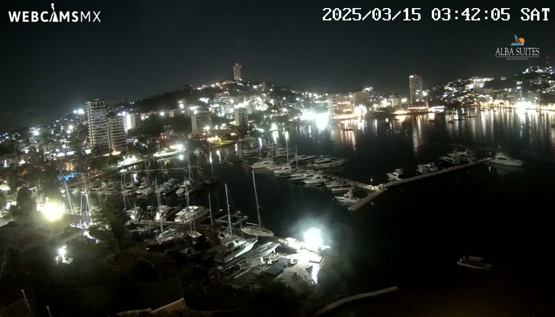 A nighttime view of a harbor filled with boats, alongside a brightly lit city on a clear night.