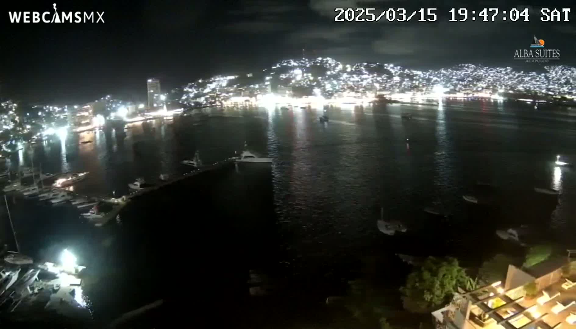 A nighttime view of a brightly lit city across a dark bay, where many boats are moored, under a clear sky.