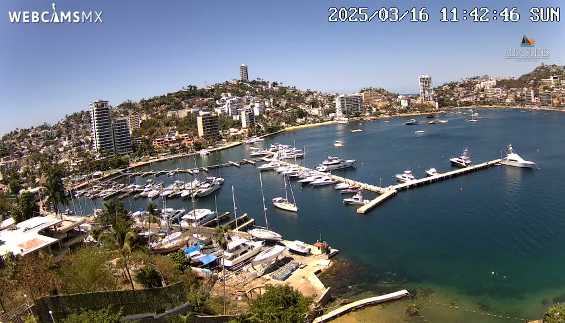 A sunny day overlooking a marina filled with numerous boats and yachts, nestled beside a hillside town with high-rise buildings.