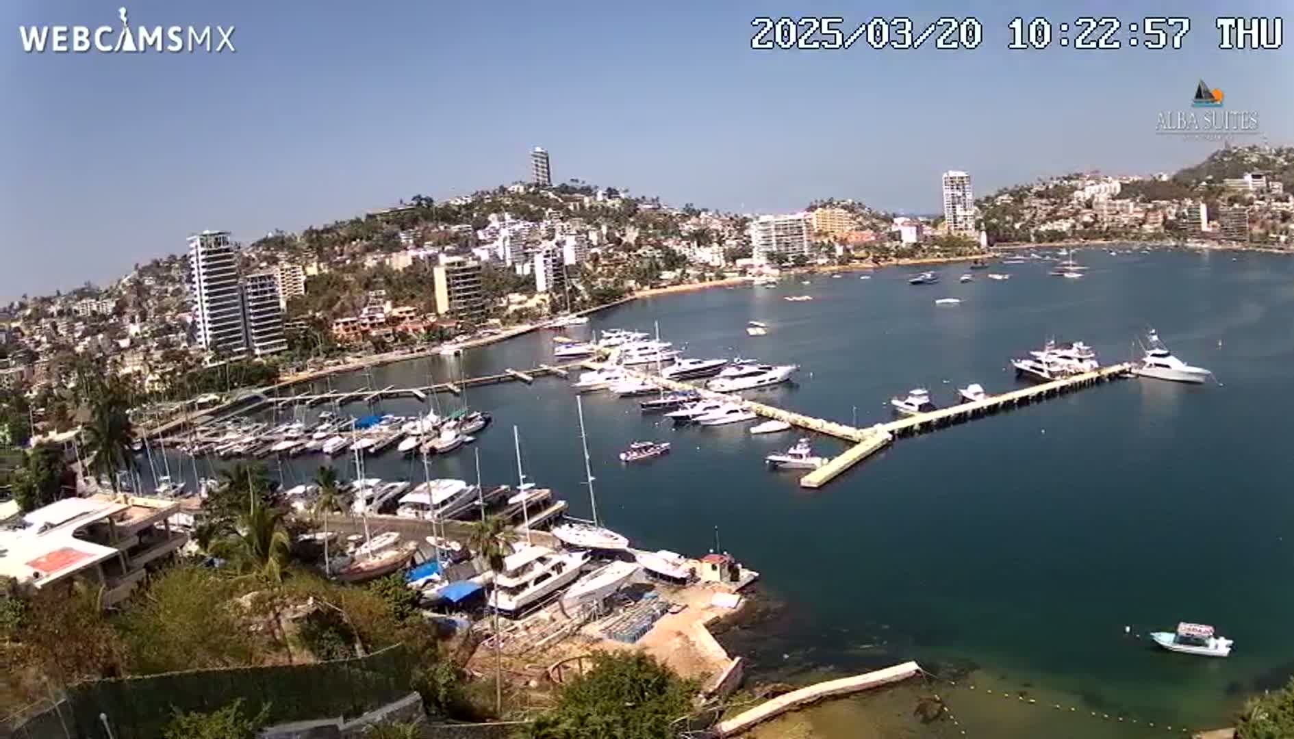 A marina filled with numerous boats is situated in a bay next to a city built on a hillside, under a clear blue sky.