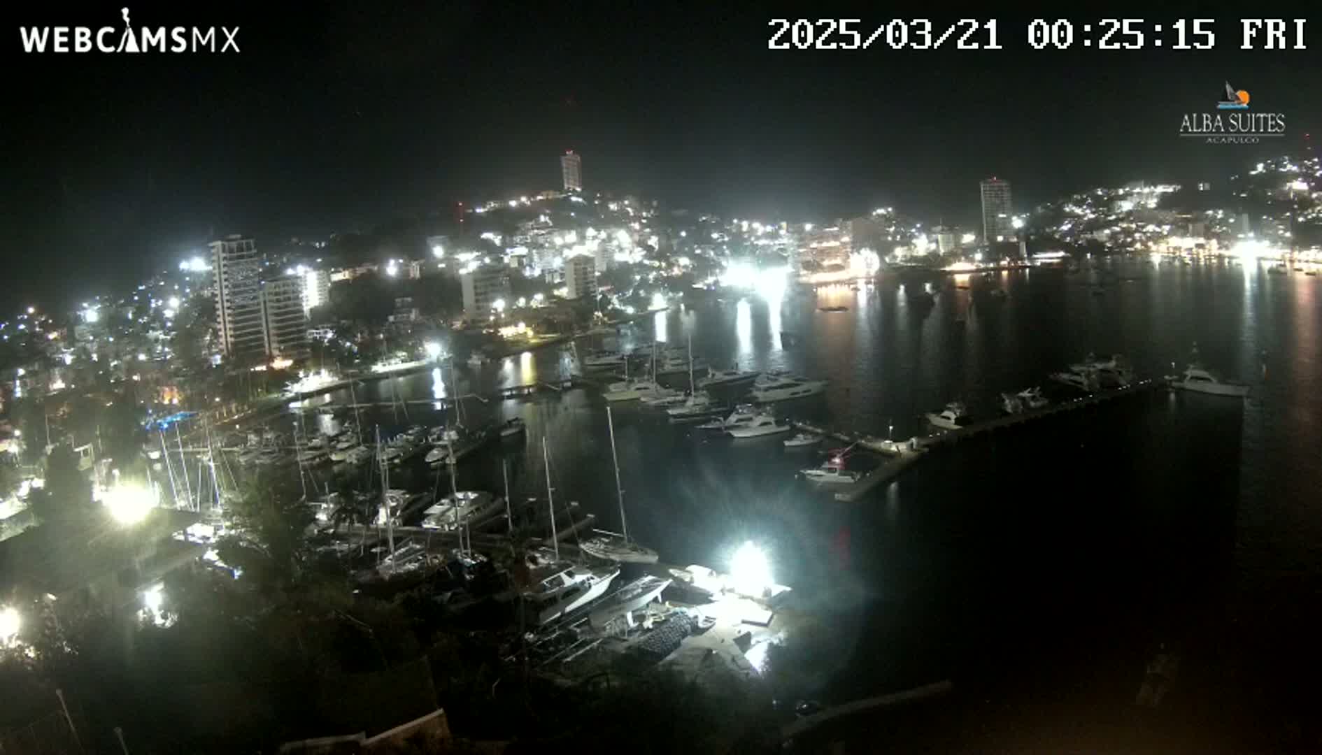 A nighttime aerial view of a marina filled with boats, next to a brightly lit city under a clear, dark sky.