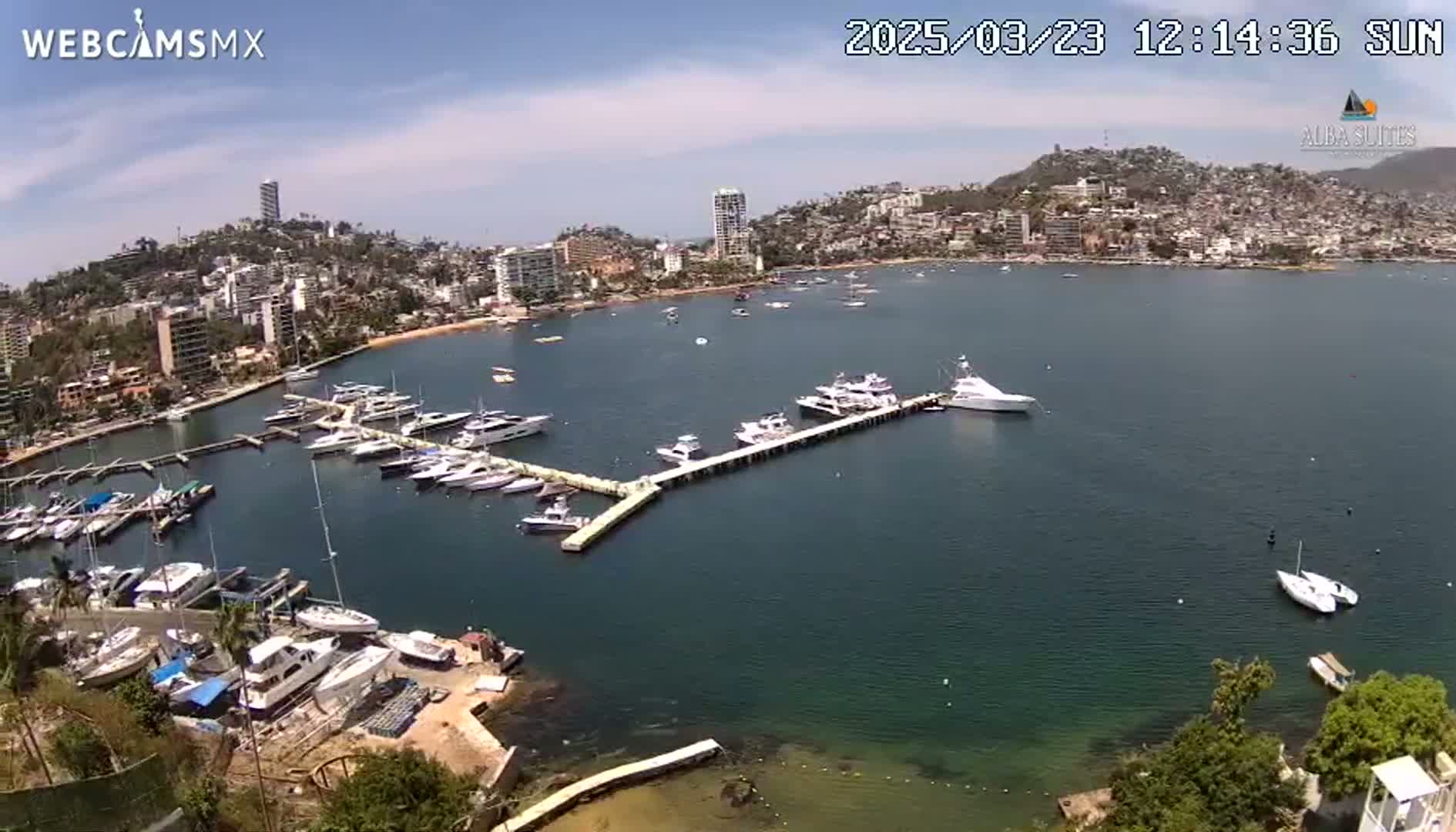 A sunny day overlooking a marina filled with numerous boats and yachts, next to a city built on a hillside.