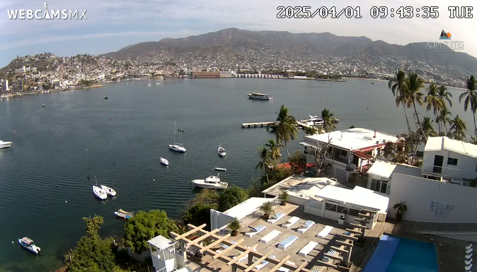 A partly sunny day overlooking a calm bay with several boats, a city nestled against mountains in the background, and a rooftop pool area in the foreground.