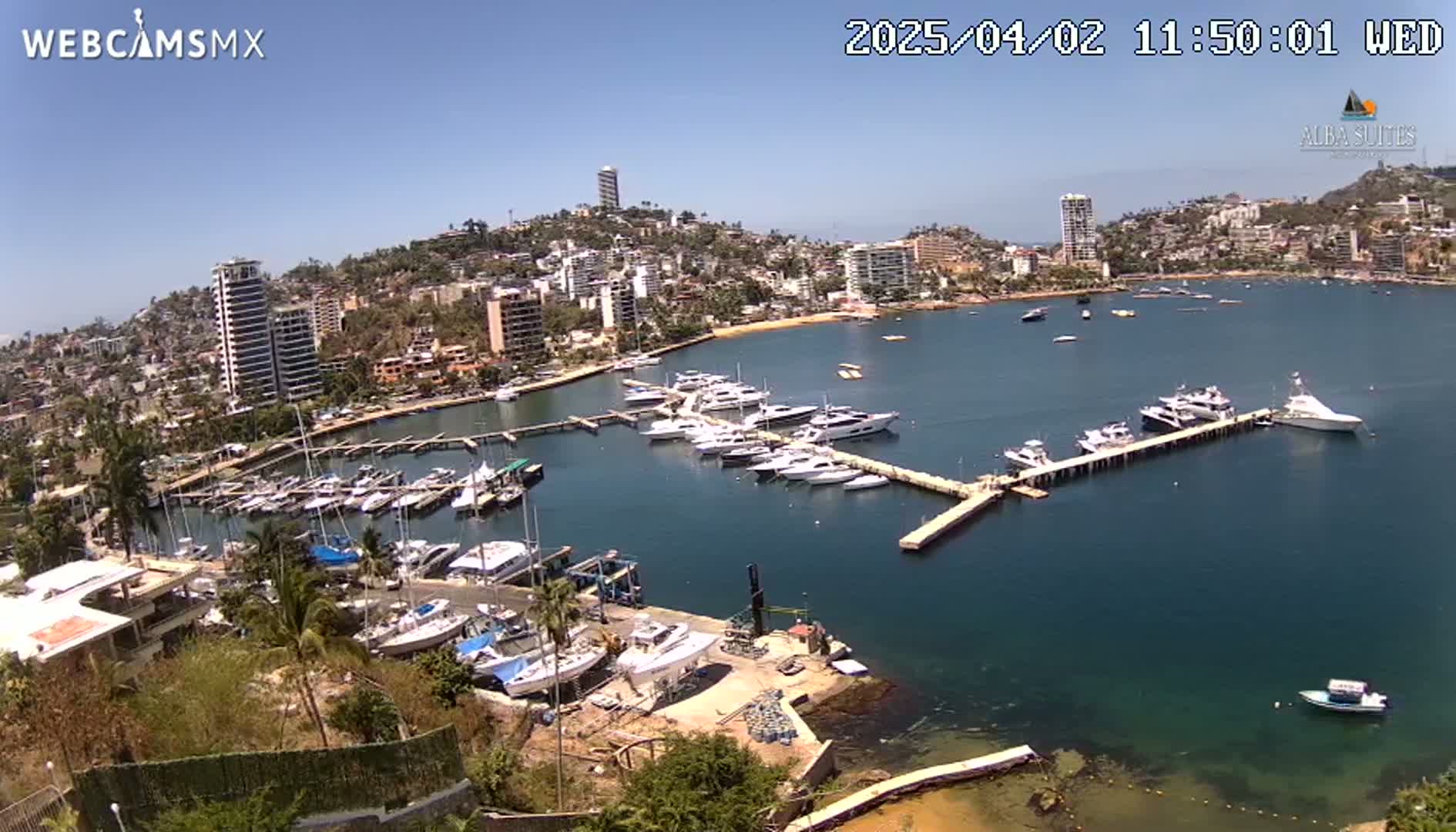 An aerial view shows a marina filled with boats on a sunny day, nestled in a bay next to a city built on a hillside.