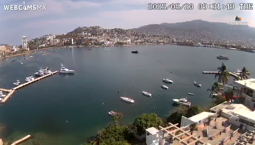 A harbor filled with boats is nestled next to a city built on a hillside under a partly cloudy sky.