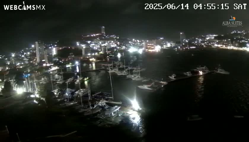 A nighttime, aerial view shows a marina filled with boats, next to a brightly lit city.