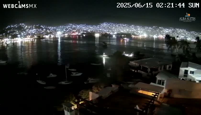 A nighttime view of a brightly lit city across a dark body of water, with several boats and buildings visible in the foreground under a clear sky.