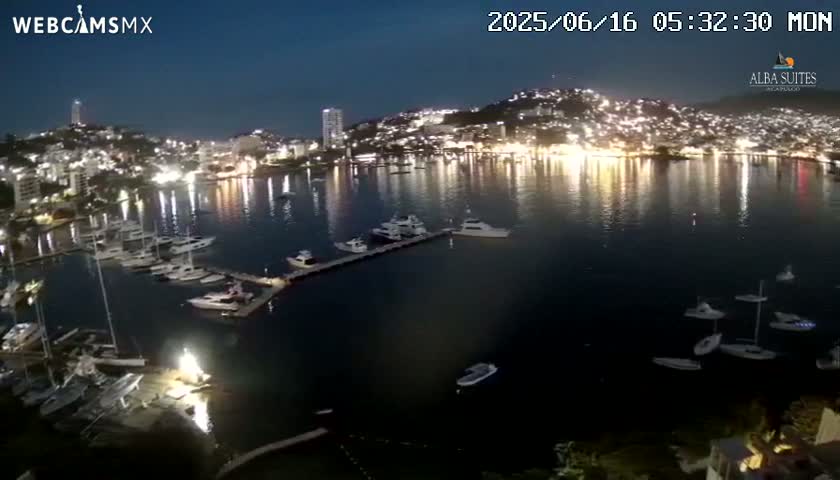 A nighttime view of a harbor filled with boats, with a brightly lit city on a hillside across the water under a dark sky.