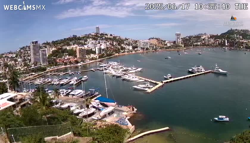 A sunny day shows a marina filled with numerous boats and yachts, situated near a hillside town with many buildings.