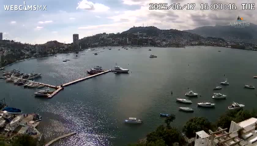 A harbor filled with boats is seen from an elevated viewpoint on a partly cloudy day, with a city and hills in the background.