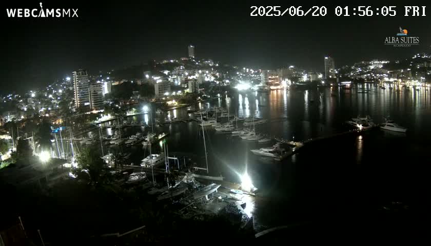 A nighttime aerial view of a city harbor filled with numerous boats and yachts, with city lights illuminating the water's surface.
