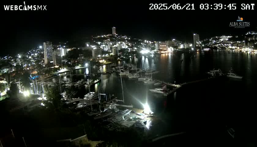 A nighttime view of a harbor filled with boats, with a city illuminated behind it.