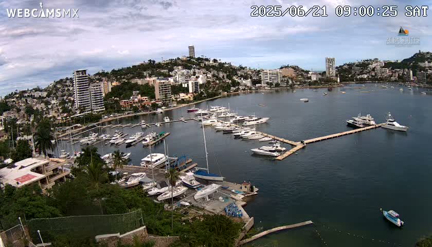 A marina filled with numerous yachts and boats is situated in a calm bay, next to a hillside town under a partly cloudy sky.