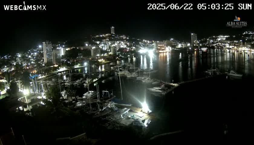 A nighttime view of a harbor filled with boats, reflecting the city lights of a coastal town under a clear sky.