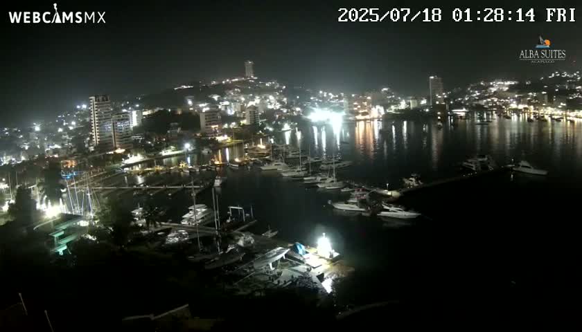A nighttime view of a harbor filled with boats, surrounded by a city illuminated with lights.