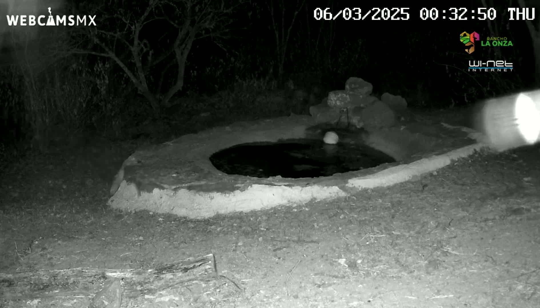 A small, shallow, dark pool of water sits in a low, earthen structure at night under a dark, clear sky.