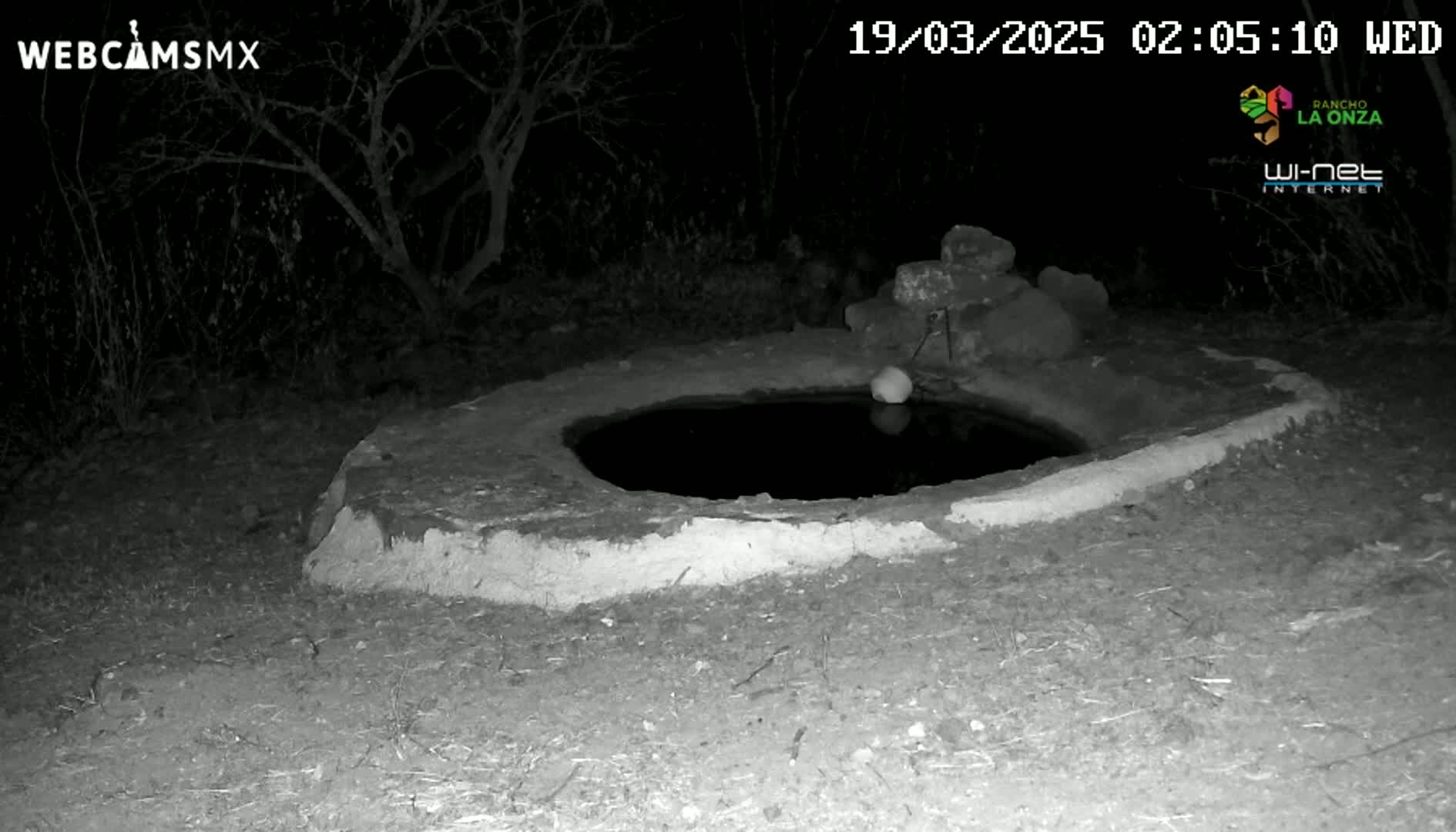 A round, shallow pool of water sits within a low, stone-walled structure at night, under a dark sky.