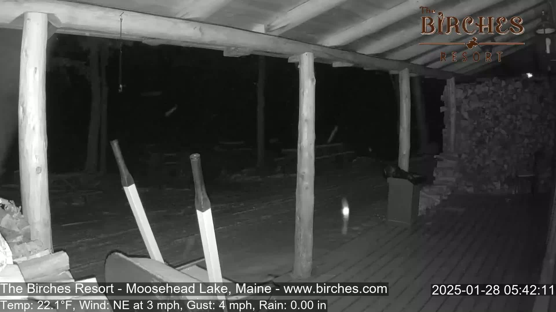 A nighttime, rainy scene shows a dark wooden porch with two long objects leaning against a wall, a stack of firewood to the right, and a small light in the distance.