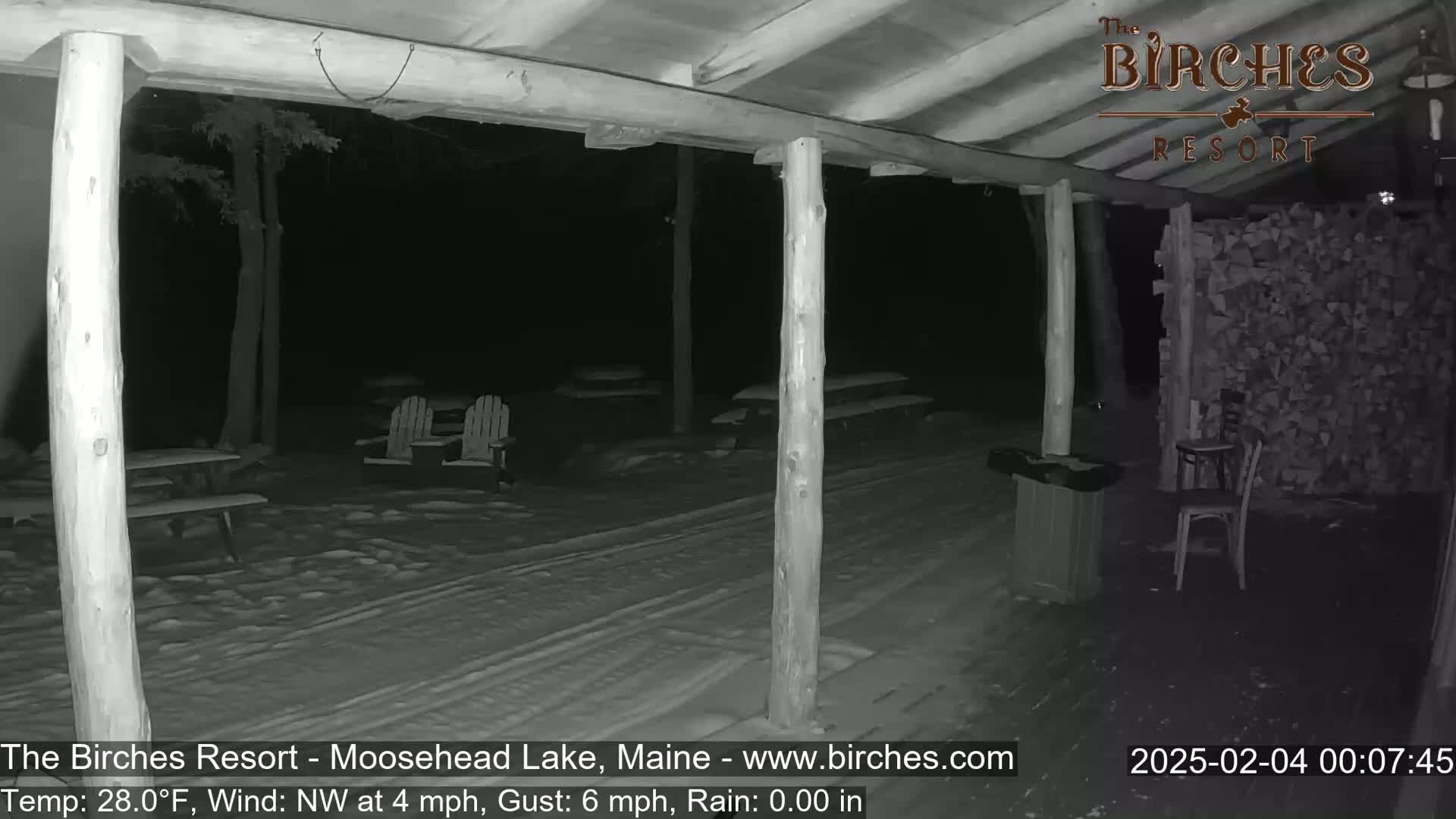A snow-covered outdoor patio area with picnic tables and chairs is visible at night under a covered porch, with a northwest wind and light rain.