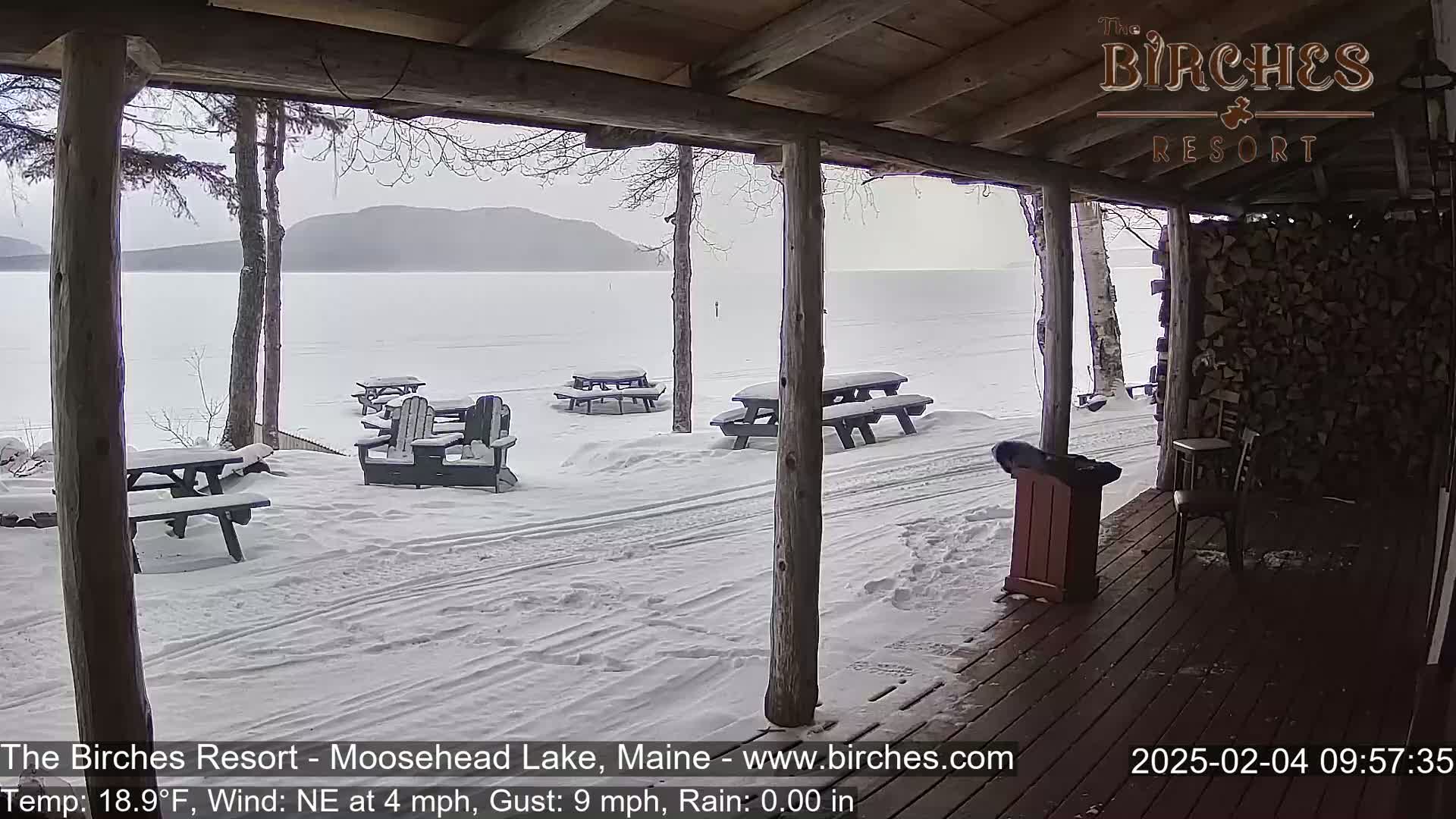 A snow-covered lakeside porch with picnic tables and Adirondack chairs overlooks a frozen lake and distant mountains under a gray, rainy sky.