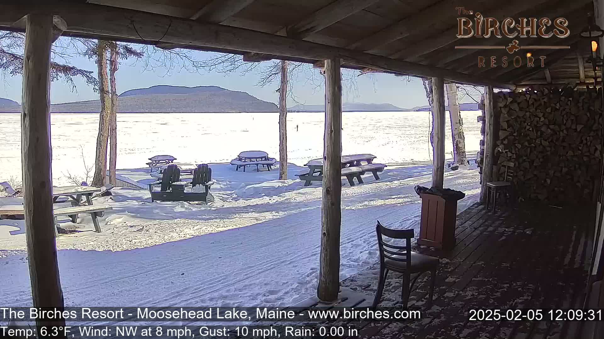 A snow-covered lakeside patio with picnic tables and chairs is viewed from a covered porch on a sunny day with a light northwest wind.