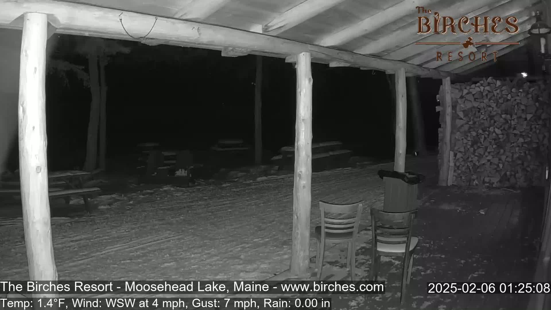 A snow-covered outdoor patio area with picnic tables and chairs is visible at night under a covered wooden structure, with a pile of firewood in the background and a rainy, windy atmosphere.