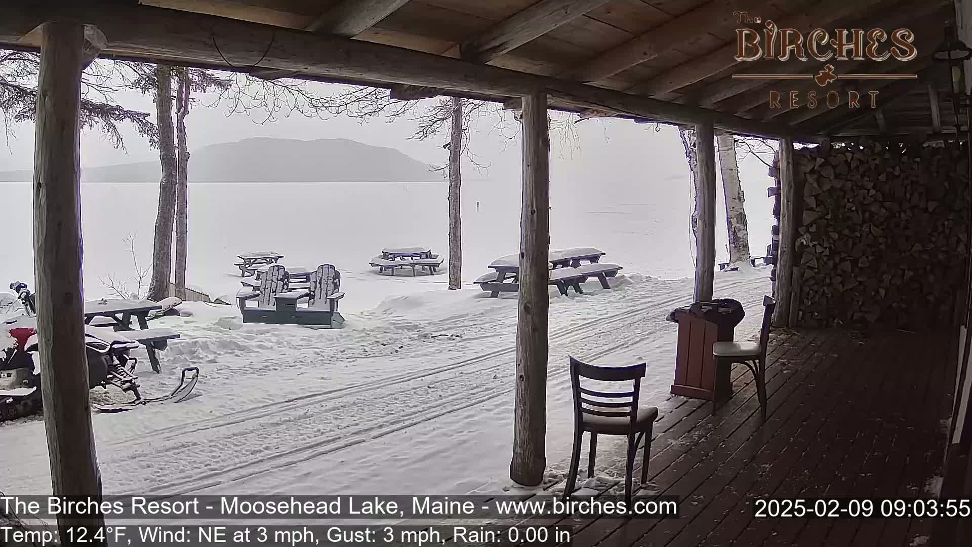 A snow-covered lakeside patio with picnic tables and chairs is seen from a wooden porch during a light snowfall.