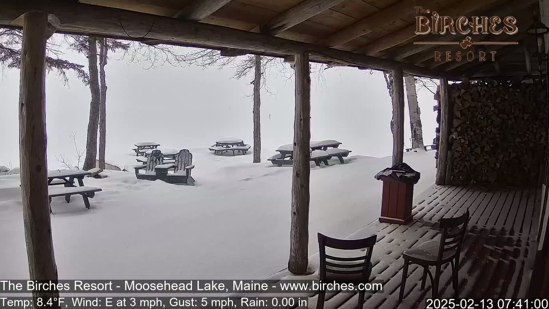A snow-covered porch with picnic tables and chairs overlooks a snowy, foggy landscape.