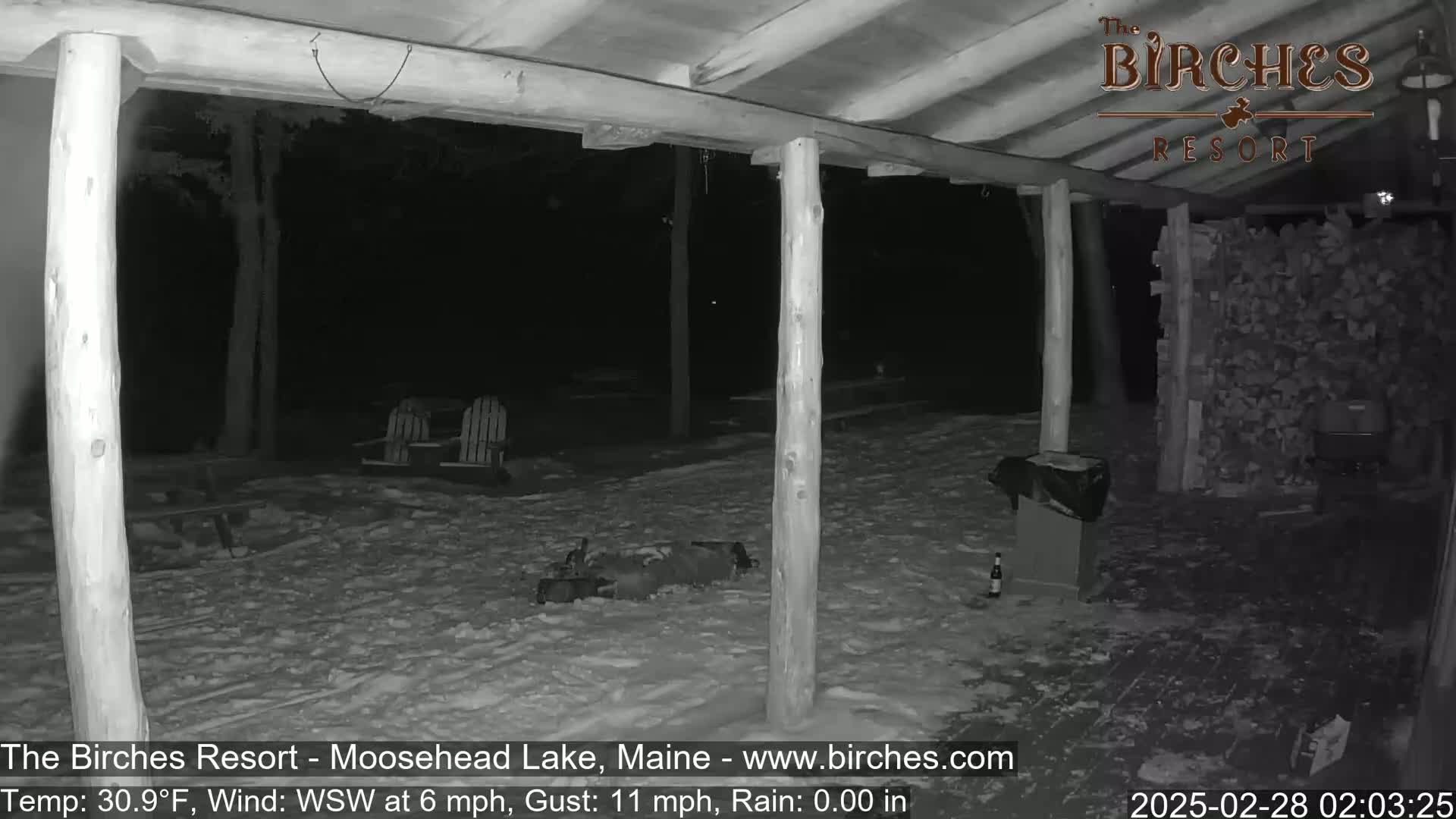 A snow-covered outdoor area at night, partially sheltered by a wooden structure, shows two Adirondack chairs and a pile of firewood.