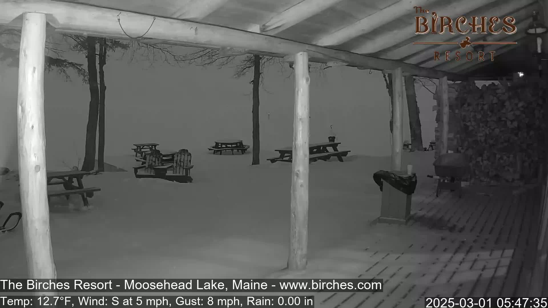 A snow-covered outdoor patio area with picnic tables and Adirondack chairs is visible from under a covered porch, during a light snowfall with a south wind.
