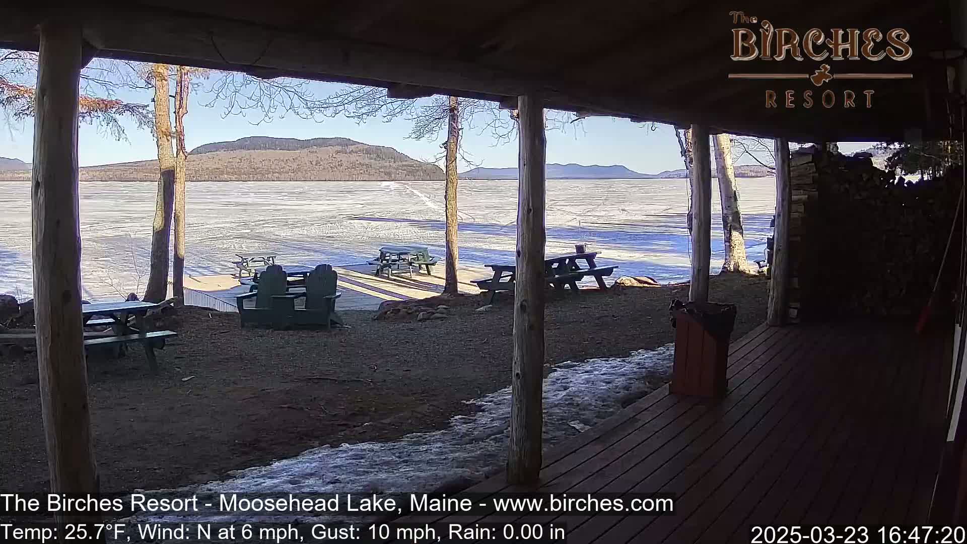 A partially frozen lake is viewed from a covered porch with picnic tables, under a sunny sky with a light north wind.