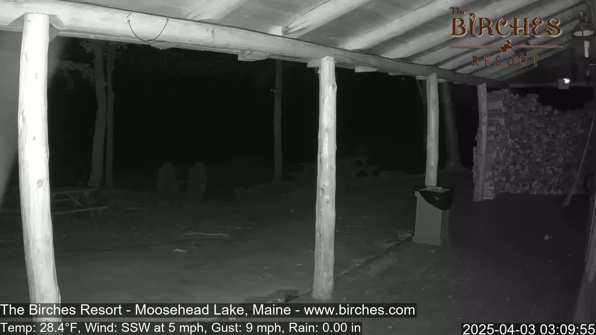 A nighttime, rainless scene of a covered porch with wooden posts and a stack of firewood in the background, under a dark sky with a slight wind.
