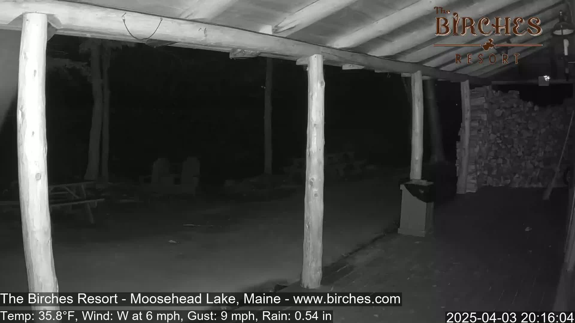 A nighttime, rainy scene shows a covered porch with wooden posts, a pile of firewood, and a picnic table in the background.