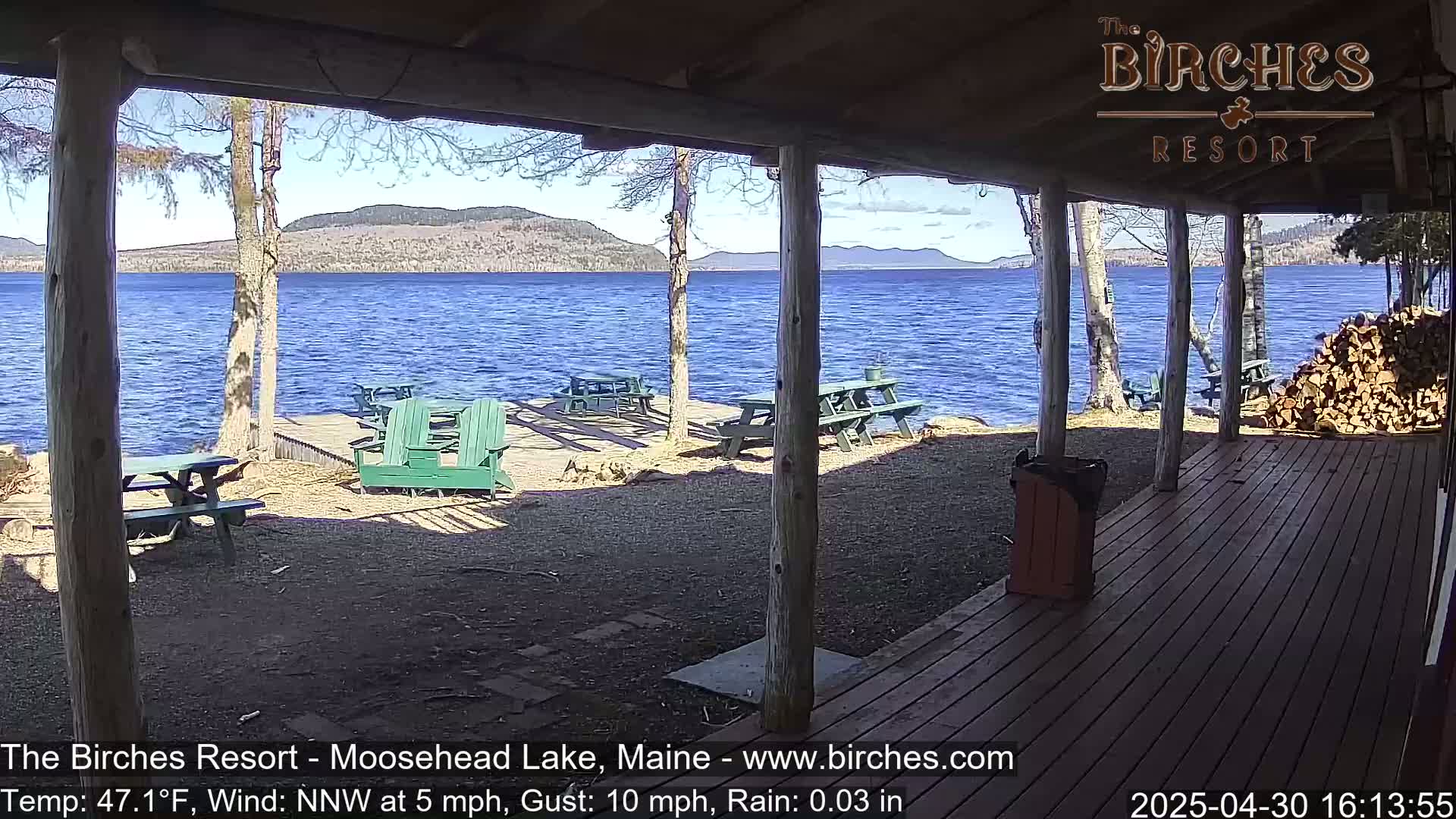 A lakeside patio with picnic tables and Adirondack chairs is visible from a covered porch on a partly sunny day with a light northwest wind and a trace of rain.