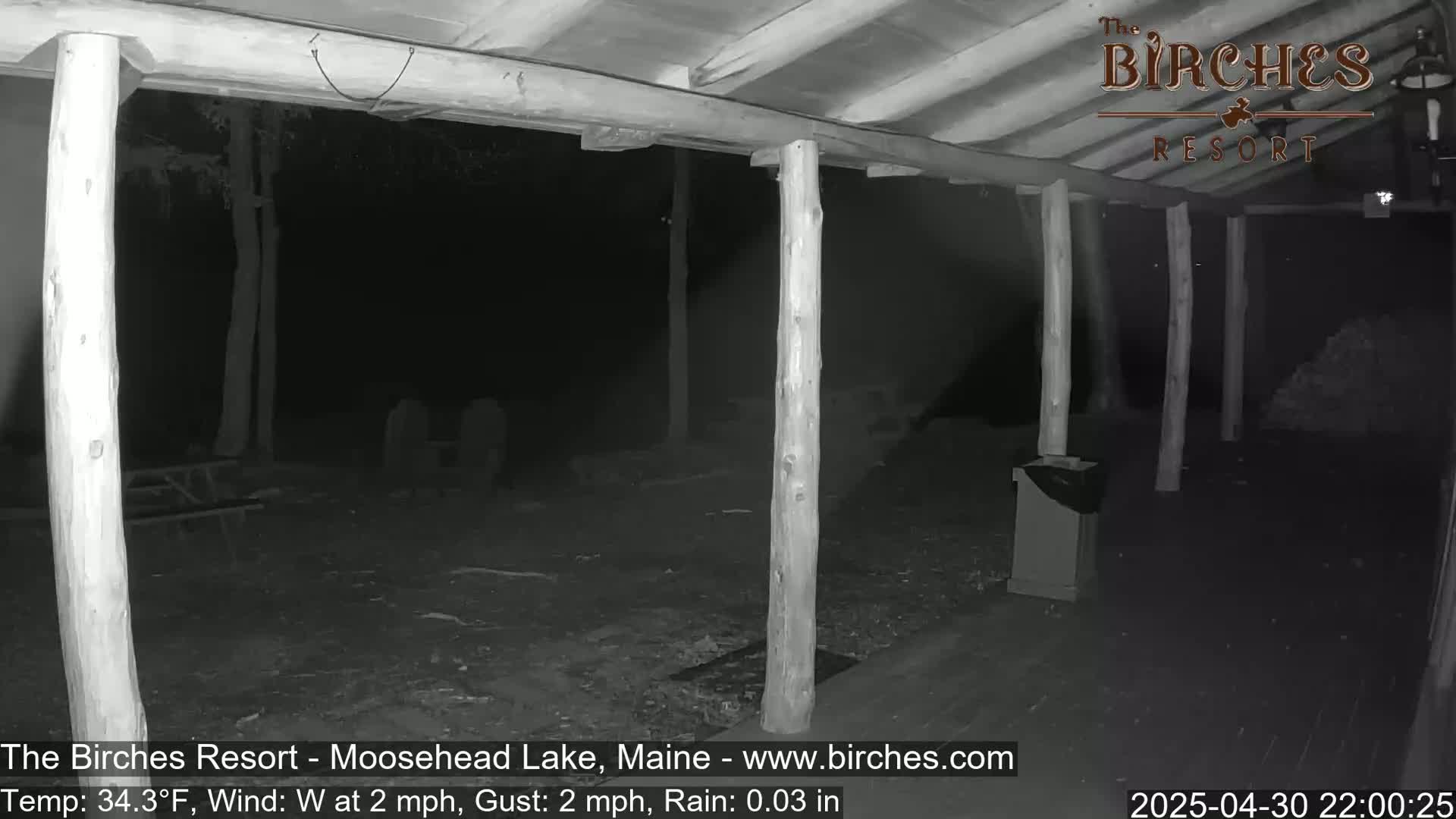 A nighttime, rain-slicked outdoor area, partially covered by a wooden structure with large support beams, is dimly lit.