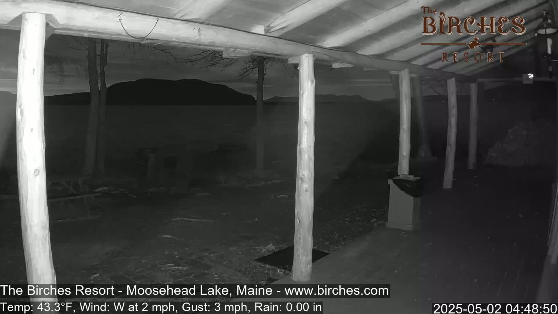 A nighttime view from a covered porch shows a dark lake and distant hills under a mostly clear sky; a light wind is blowing.