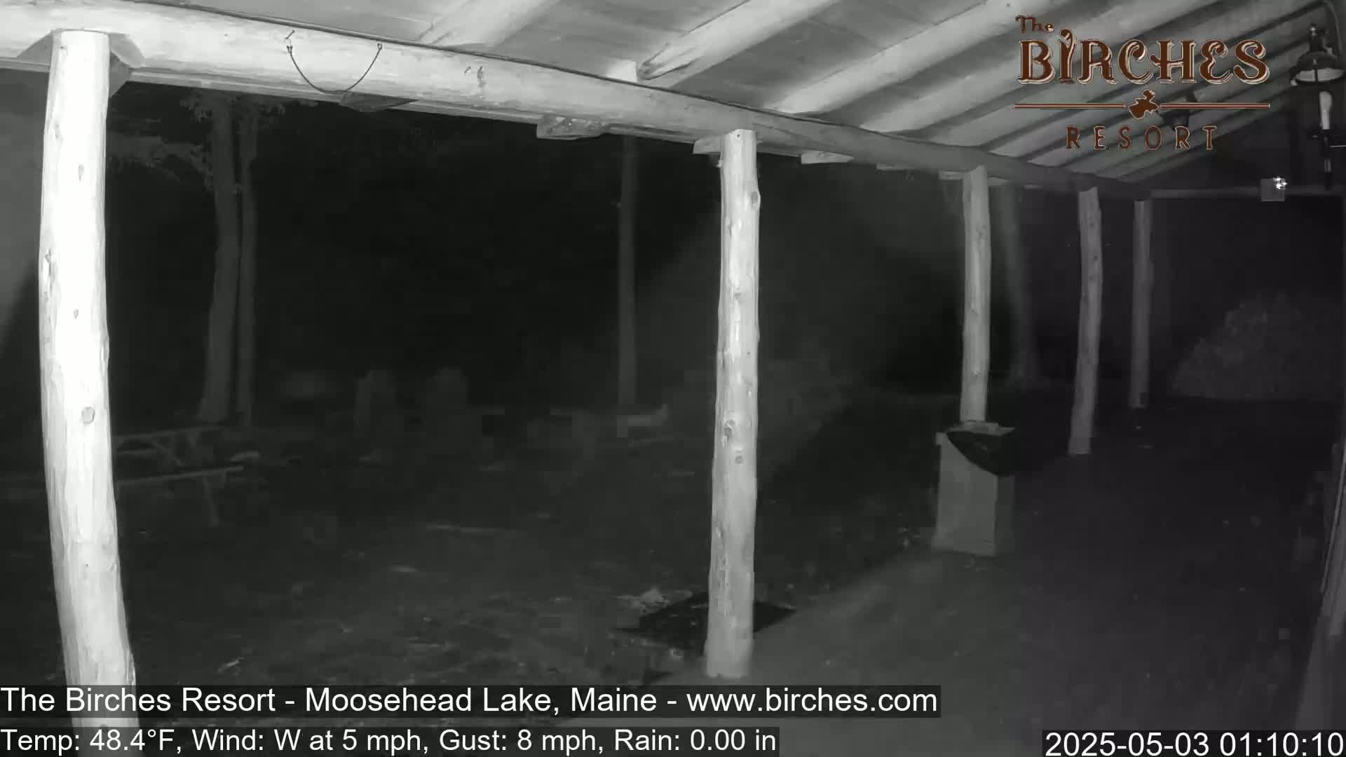 A nighttime, low-light view of a covered outdoor area with wooden posts and a partially visible structure under rainy conditions, with a wind of 5 mph and gusts up to 8 mph.