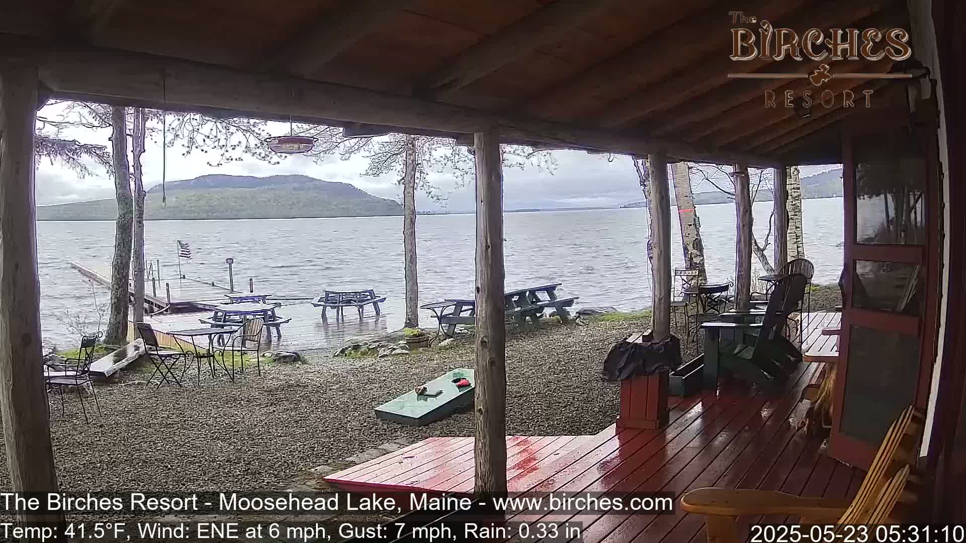 A covered porch overlooks a lake with several picnic tables and chairs, under rainy conditions.