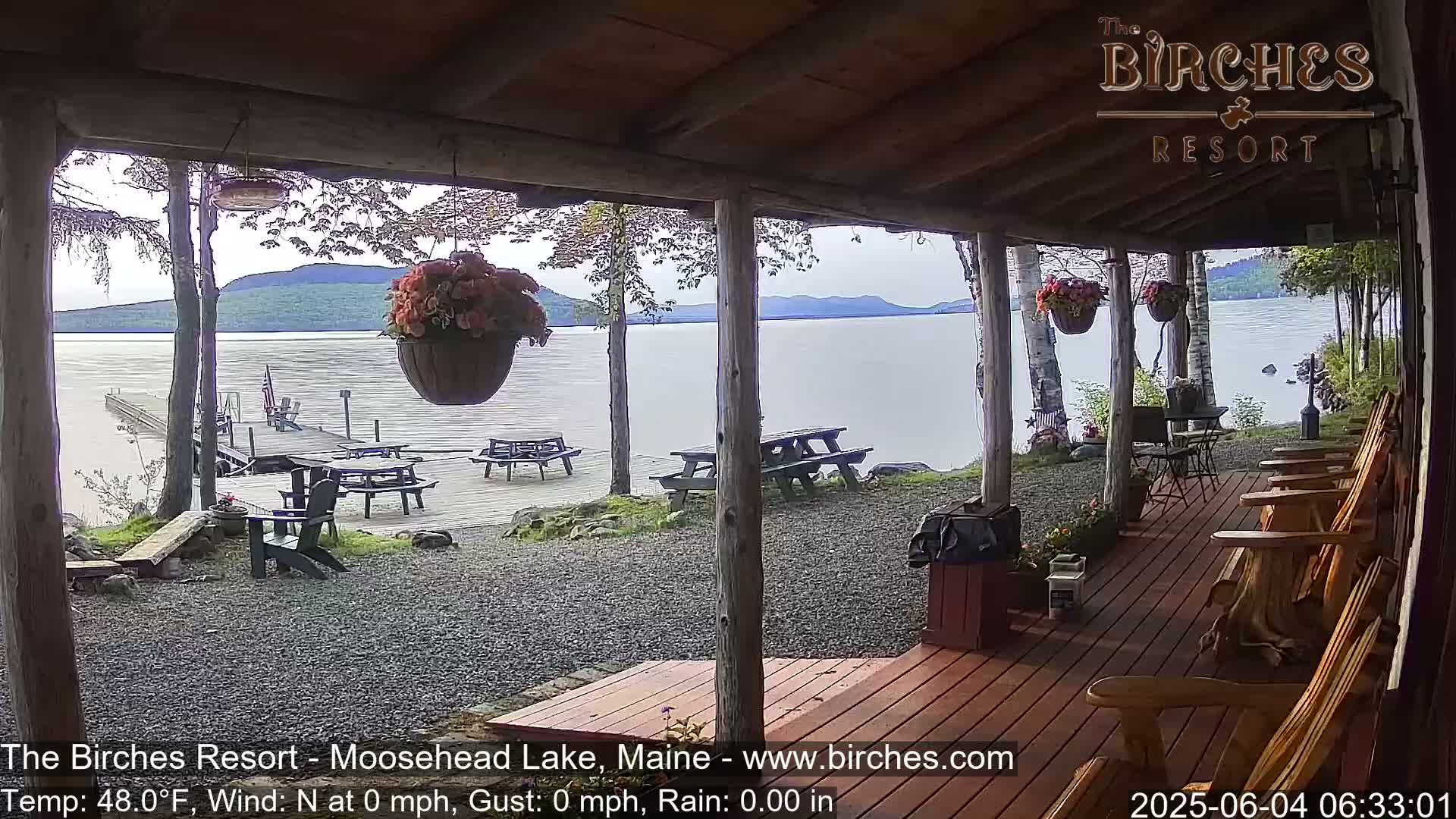 A covered porch with wooden rocking chairs overlooks a calm lake and a dock with picnic tables on a partly cloudy day.