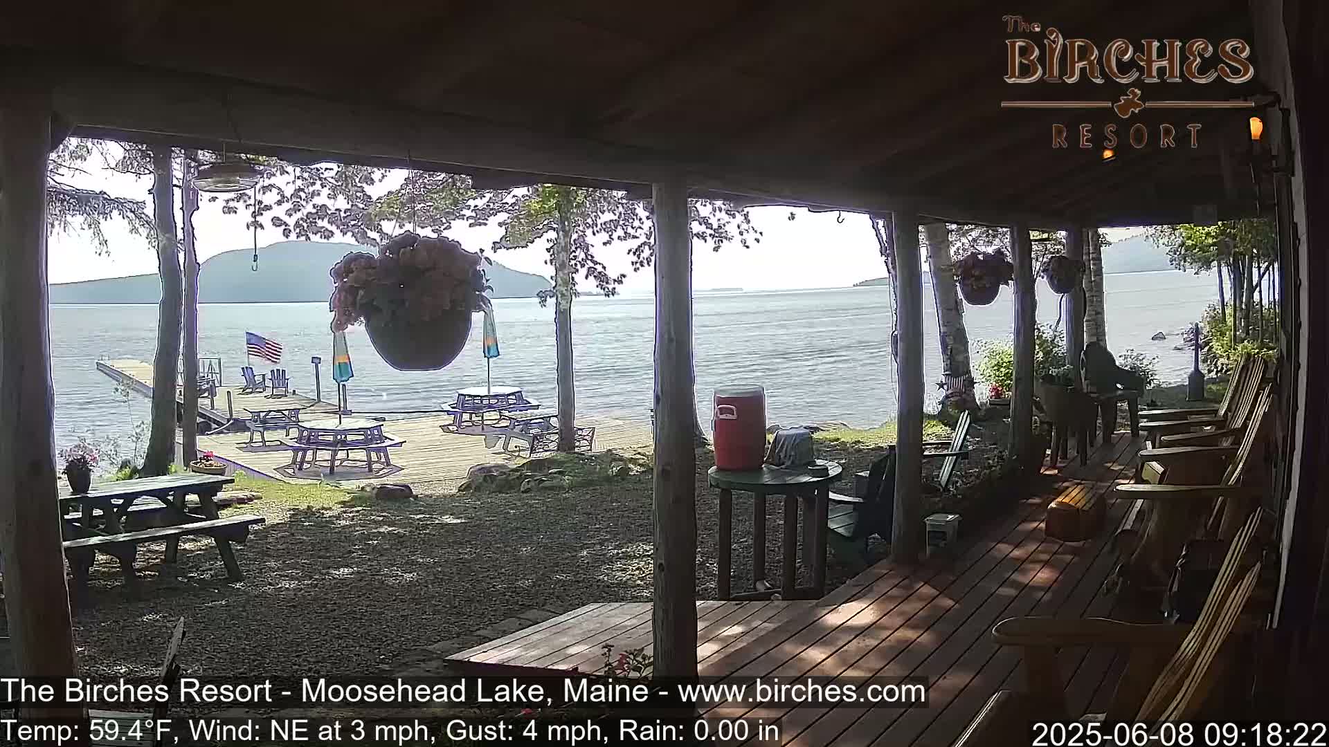 A porch overlooking a lake with picnic tables and chairs on a dock in the distance, under partly sunny skies with a light northeast wind.