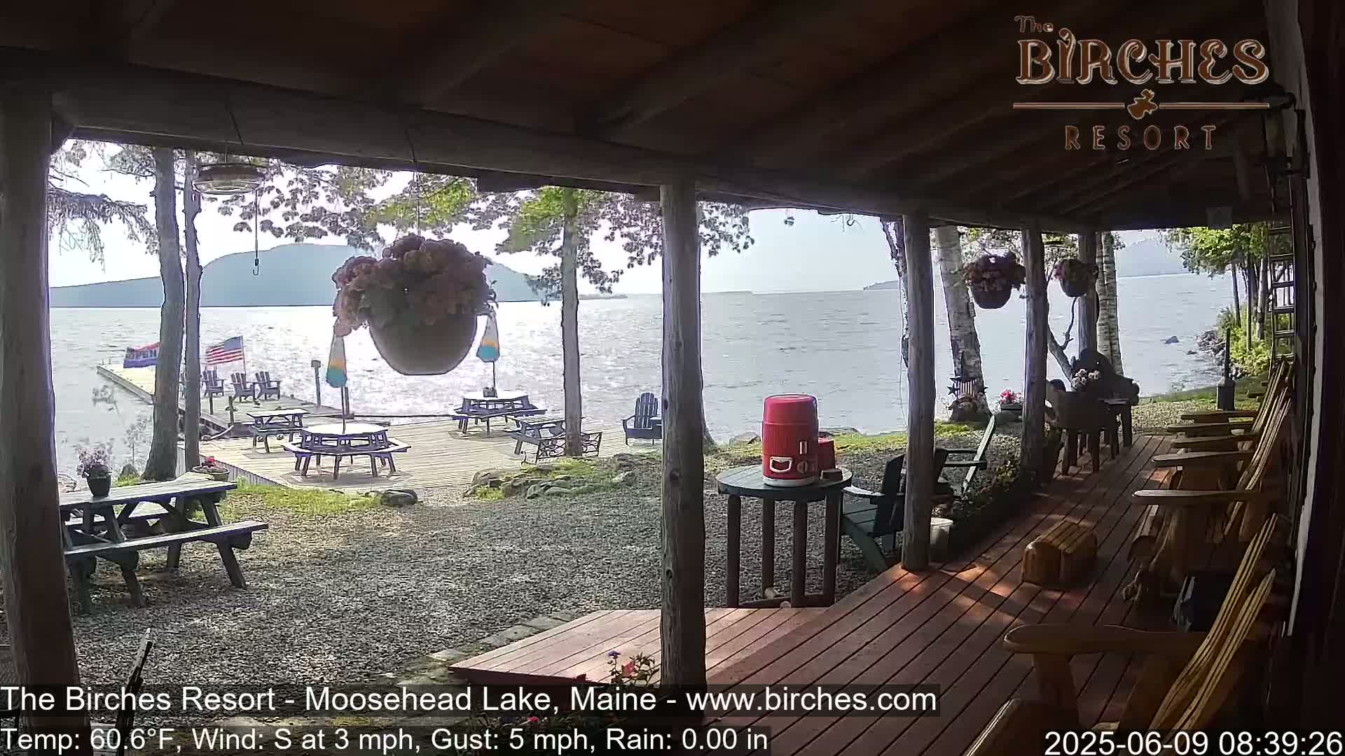 A porch overlooking a lake with a wooden deck containing picnic tables and chairs, under partly sunny skies with a slight south wind.
