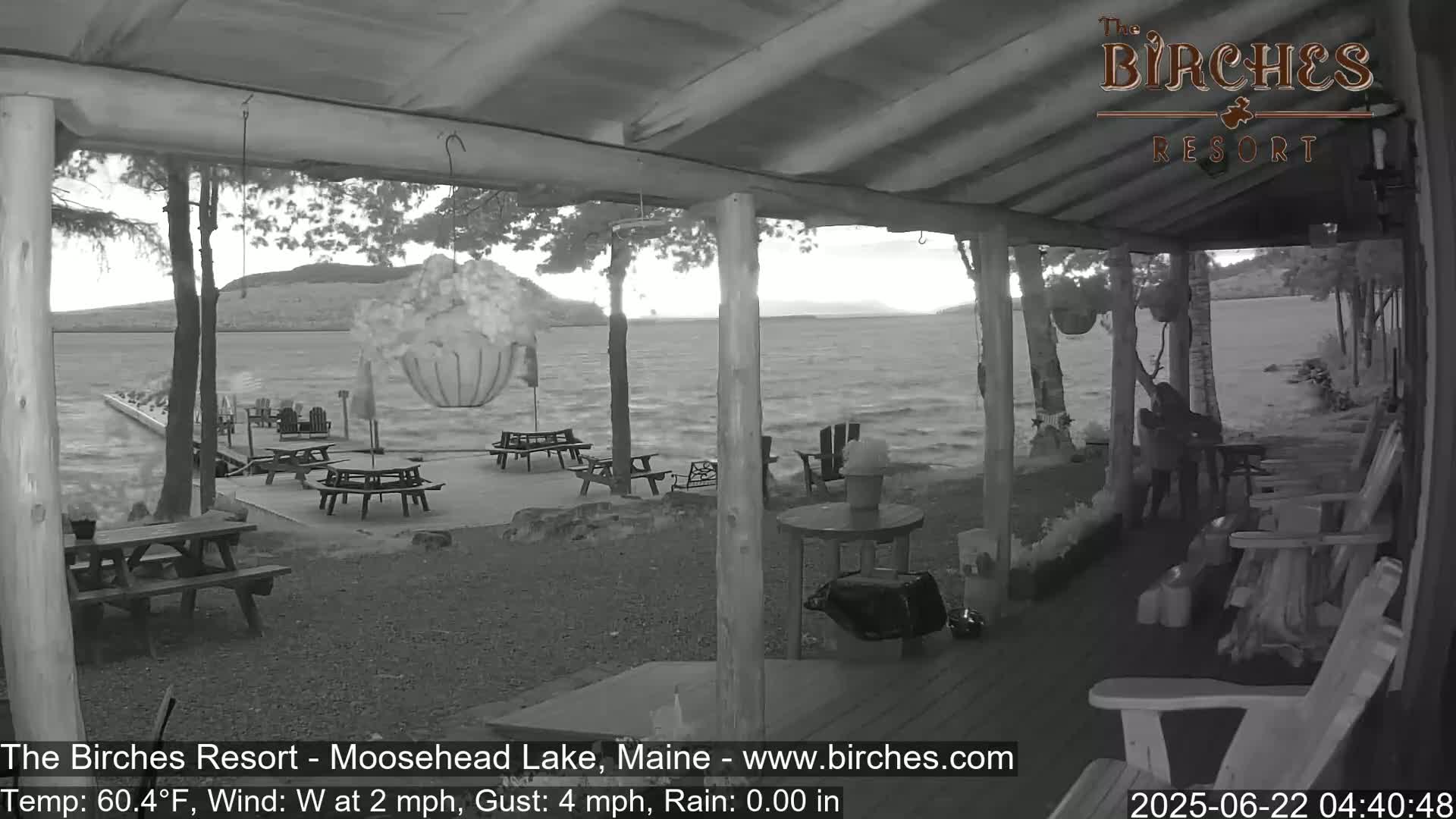 A covered porch overlooks a lake with picnic tables and chairs on the shoreline under partly cloudy skies with a gentle westerly wind.