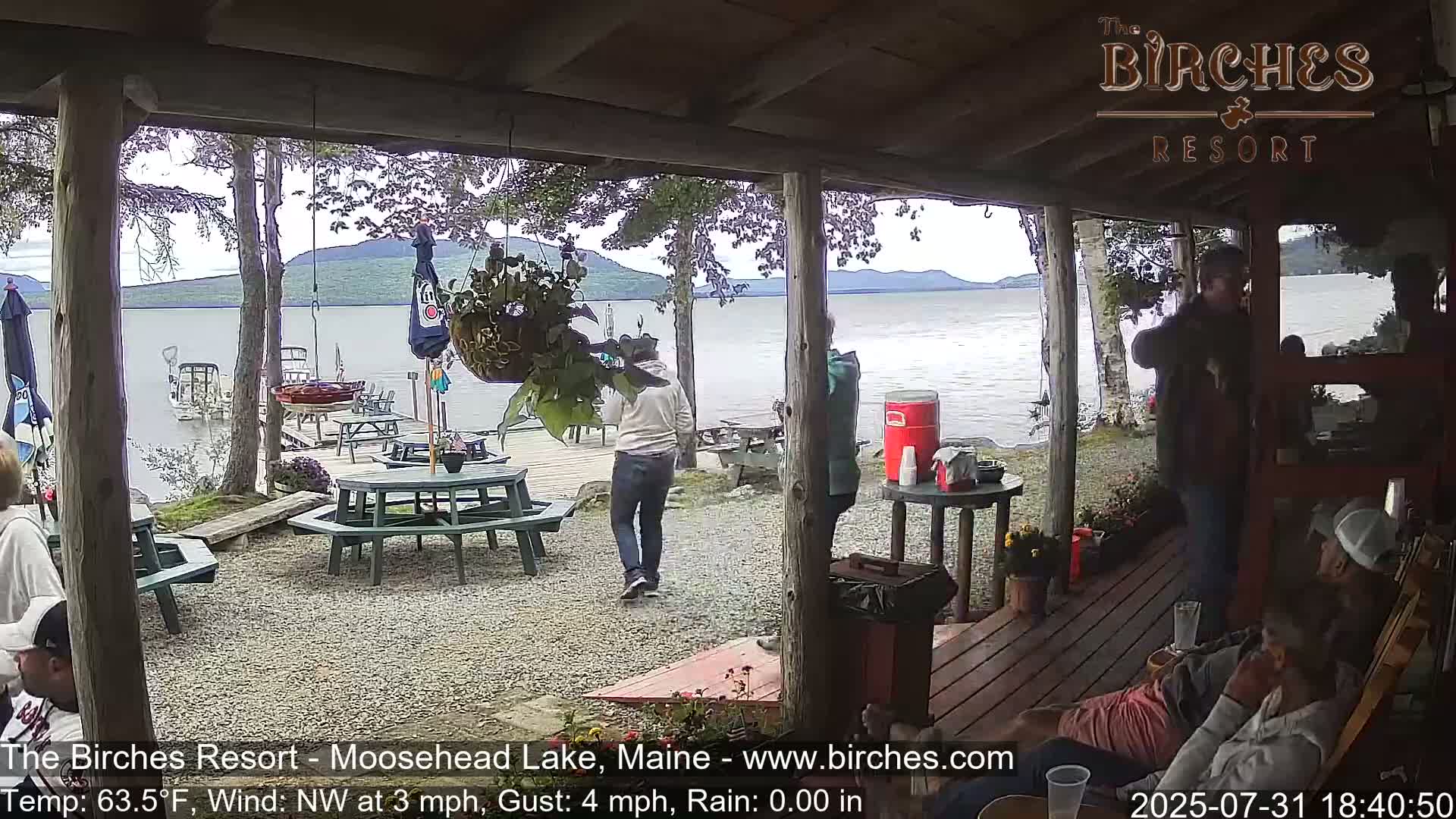 A lakeside patio with several people sitting and standing around tables, under an overcast sky with a slight Northwest wind.