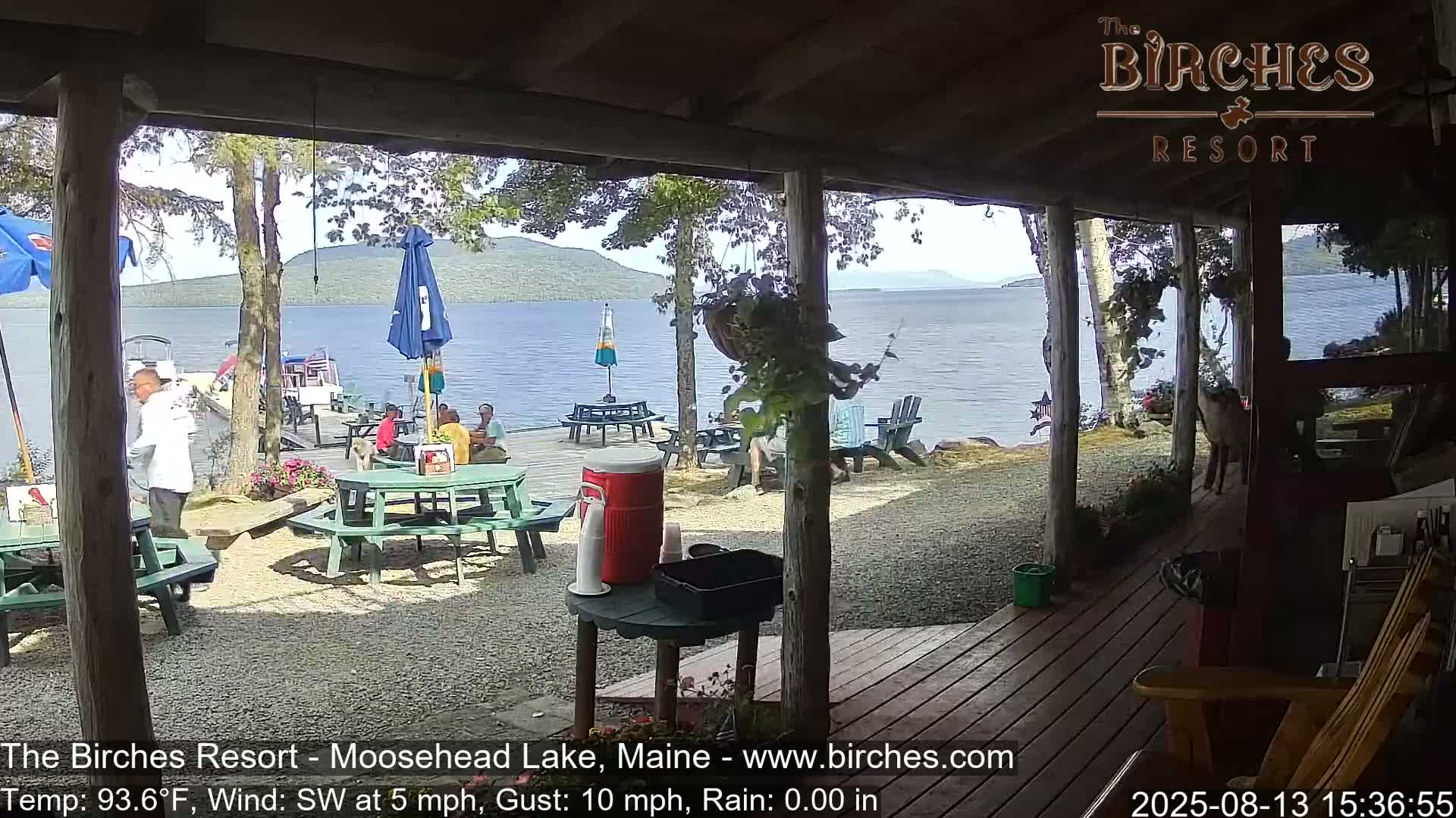 A lakeside outdoor patio with picnic tables and people seated, under a partly covered porch area, on a sunny day with a southwest wind.