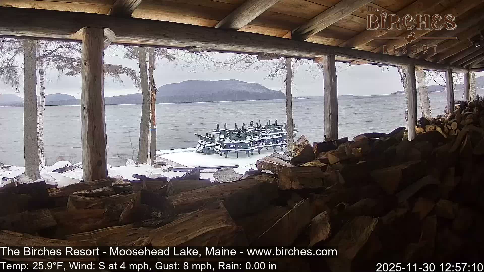 A monochrome nighttime image captures a large pile of stacked firewood beneath a wooden overhang supported by log pillars, with the temperature at 28.9°F and light wind.