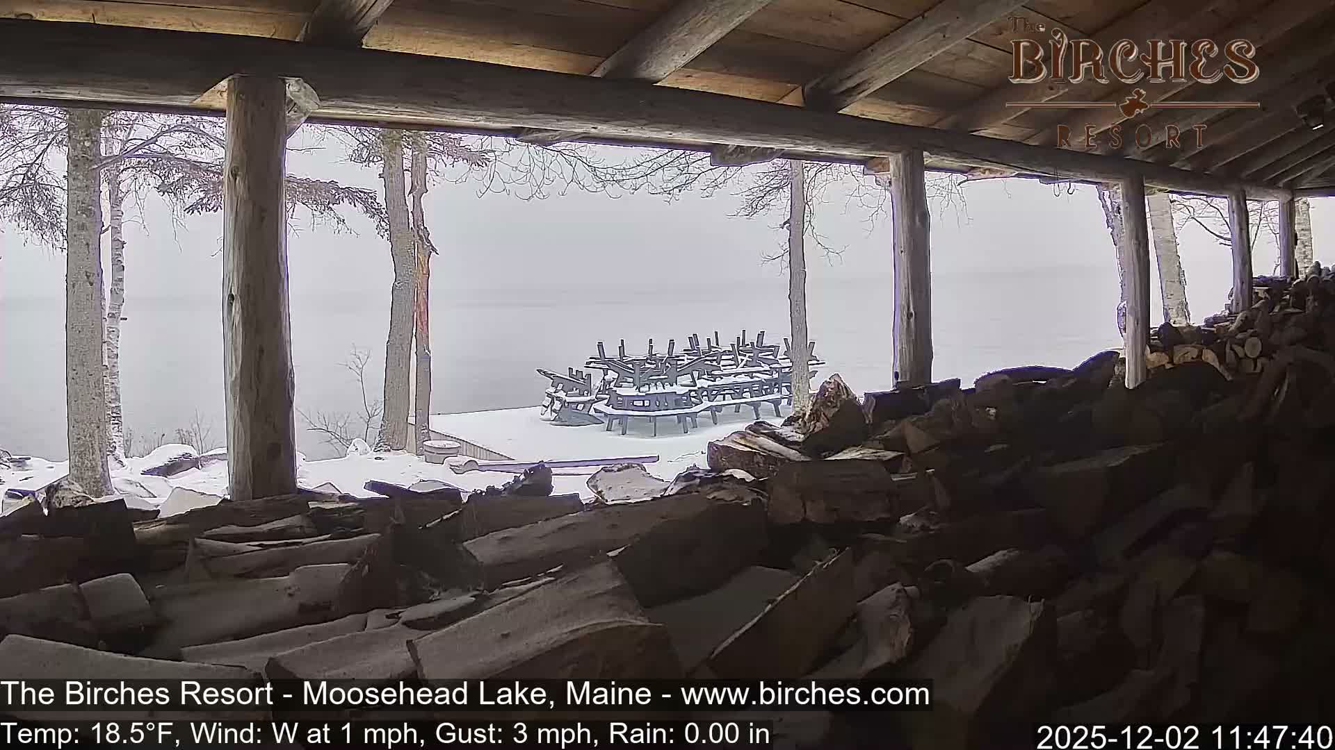 A snowy, overcast winter day is viewed from under a rustic wooden shelter, revealing a large pile of firewood in the foreground and a lakeside scene beyond with bare trees and numerous overturned picnic tables on the snow-covered ground.