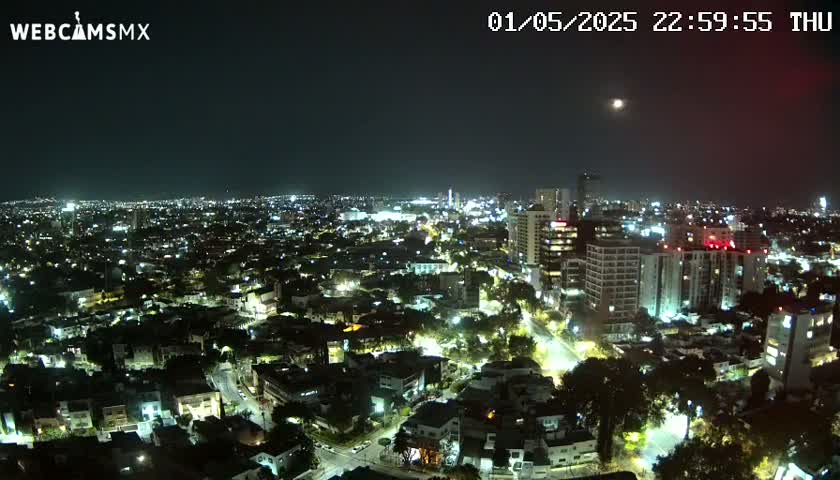 A nighttime aerial view of a city illuminated by streetlights under a clear, moonlit sky.